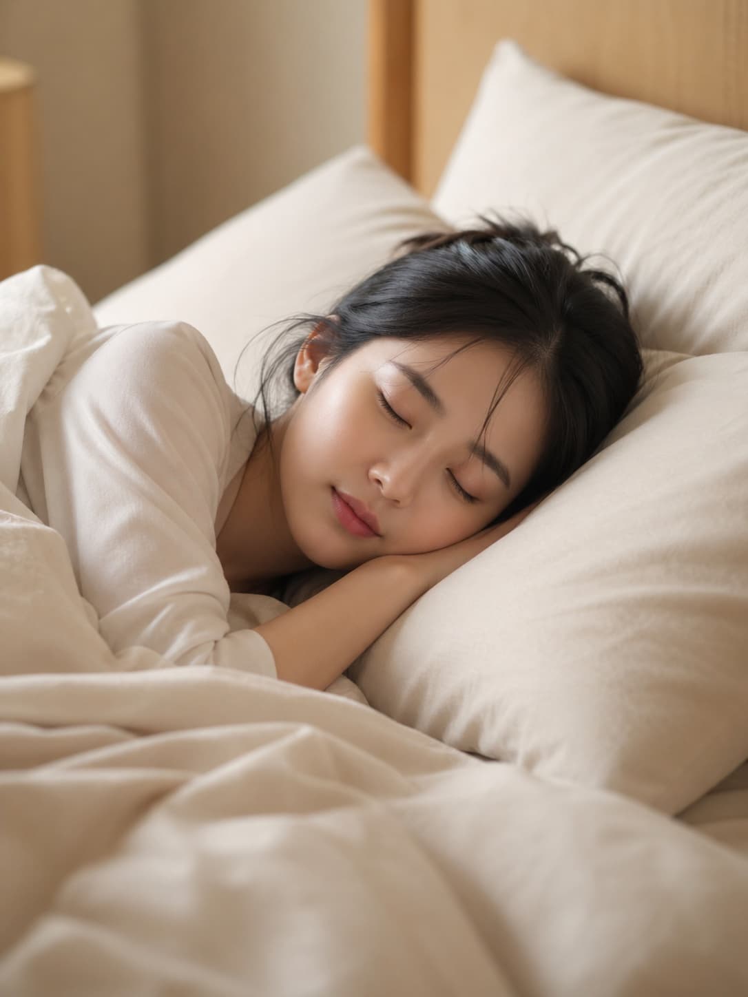 침대에서 잠을 자고 있는 여성